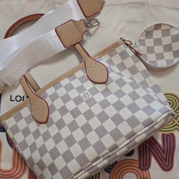 Designer-Inspired Cream and Tan Check Mini Tote with Round Coin Pouch - Picture 2 of 7